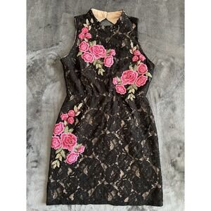 Women's As U Wish Black & Pink Sleeveless Lace Bodycon Dress, Size L, Pre-Owned